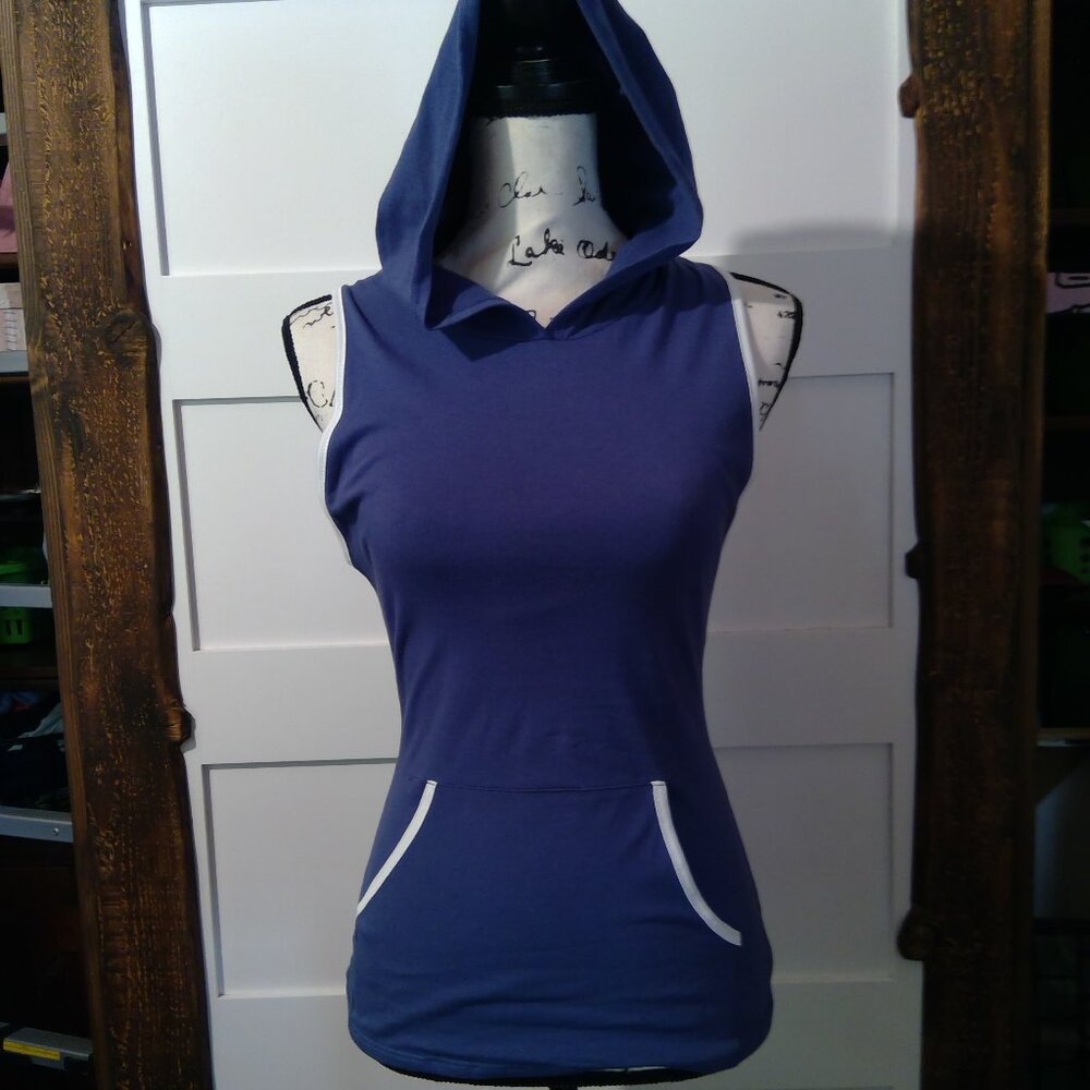 Blue S Women's Workout Top with Hood (Blue with White Trim) Small, Large NWOT